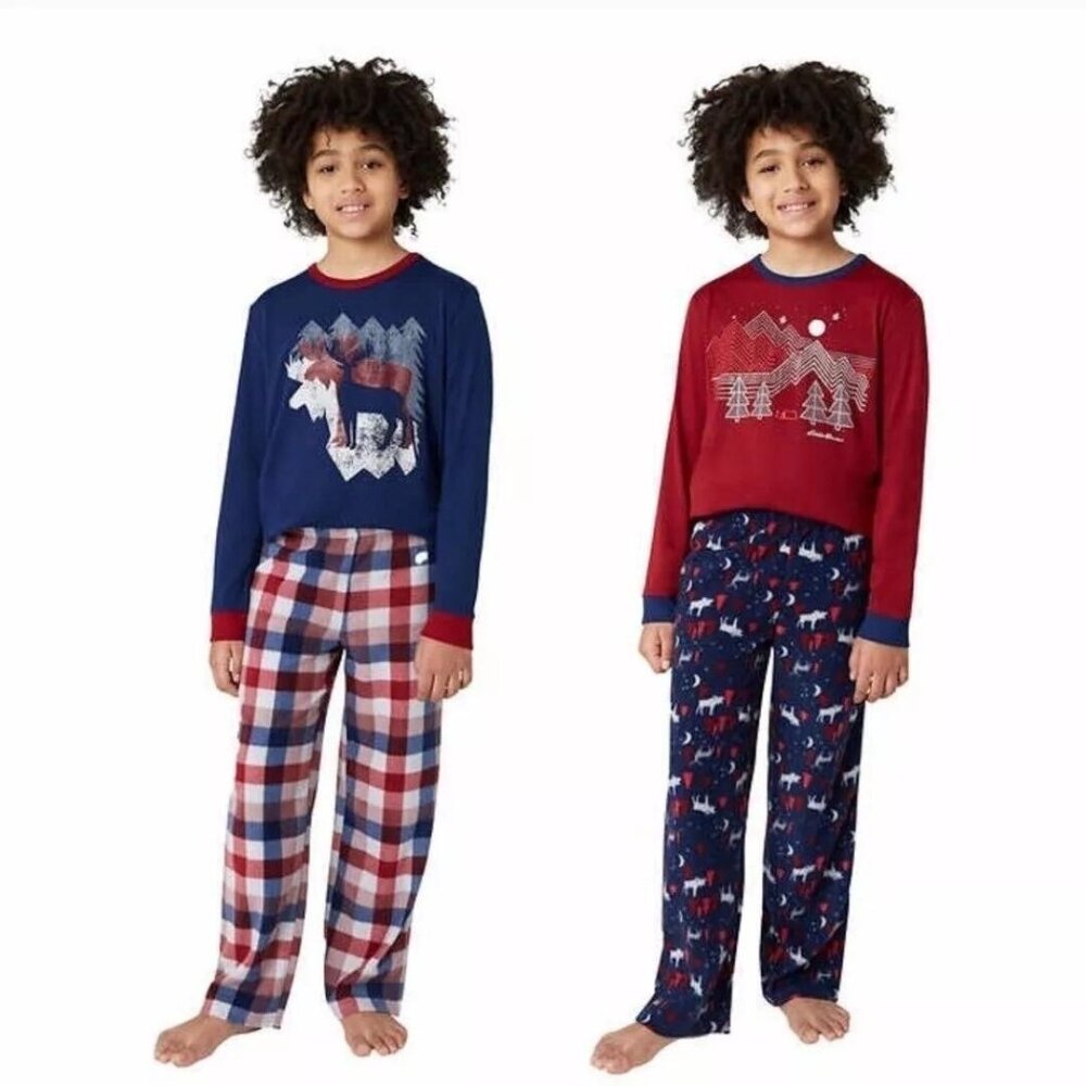 NEW Eddie Bauer Boys Youth 4 Piece Pajama Set XS (5/6) Red Blue